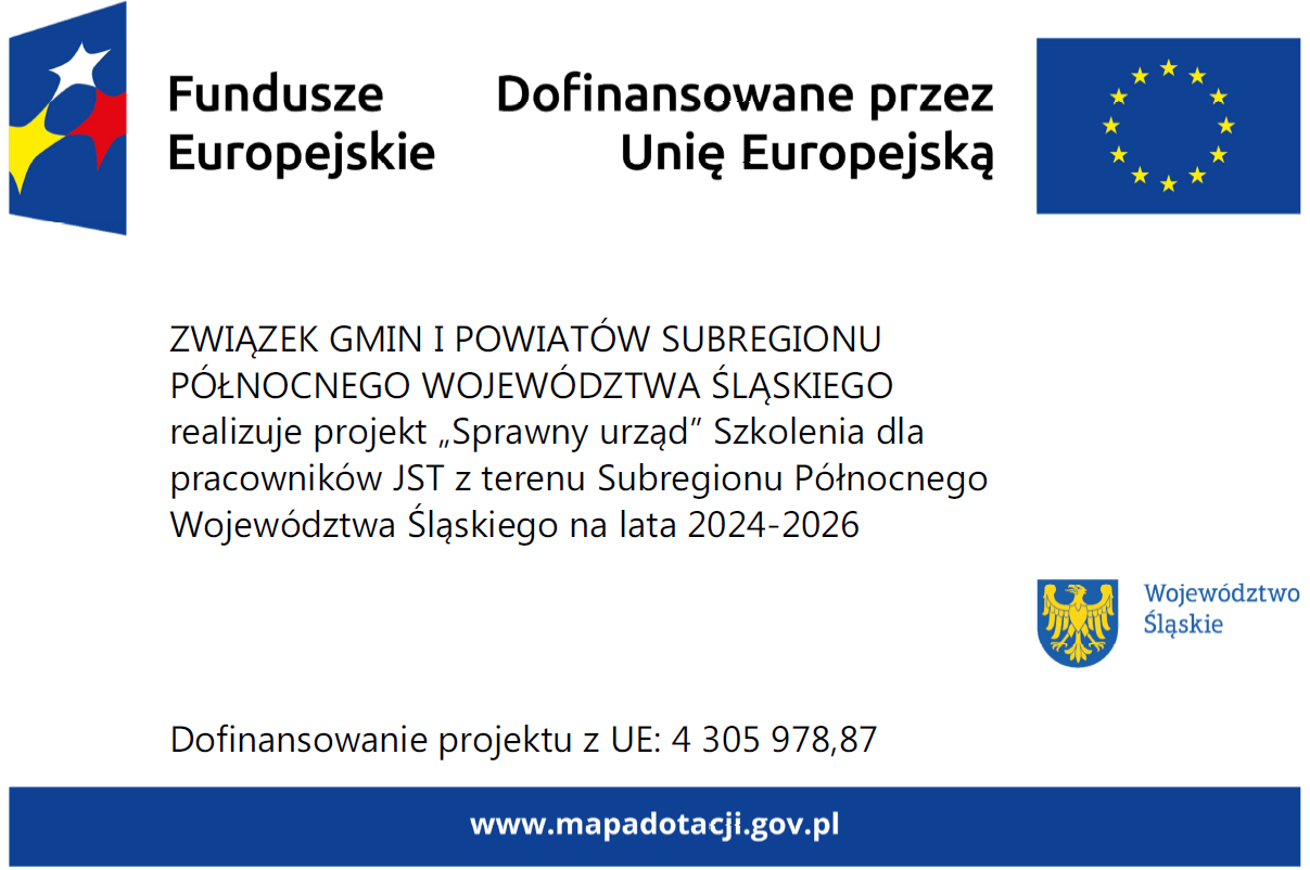 Tablica informacyjna na białym tle z flagą Unii Europejskiej oraz Logo