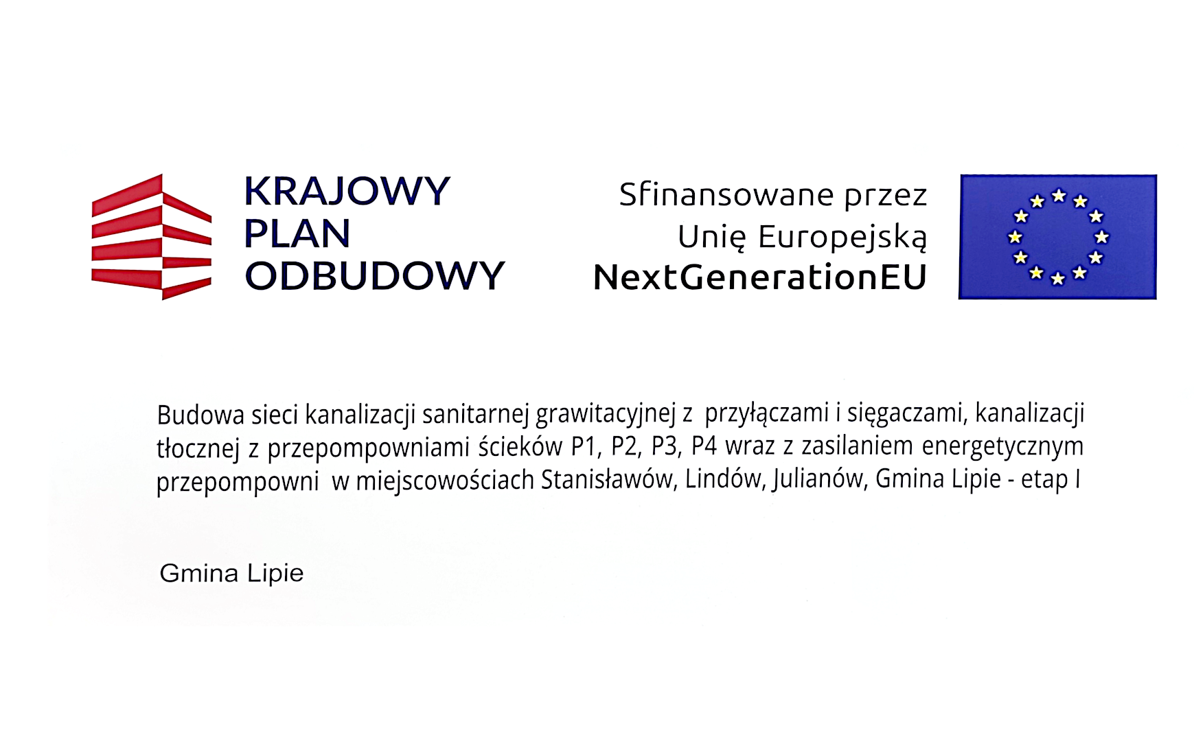 Tablica informacyjna na białym tle z logo KPO i Unii Europejskiej