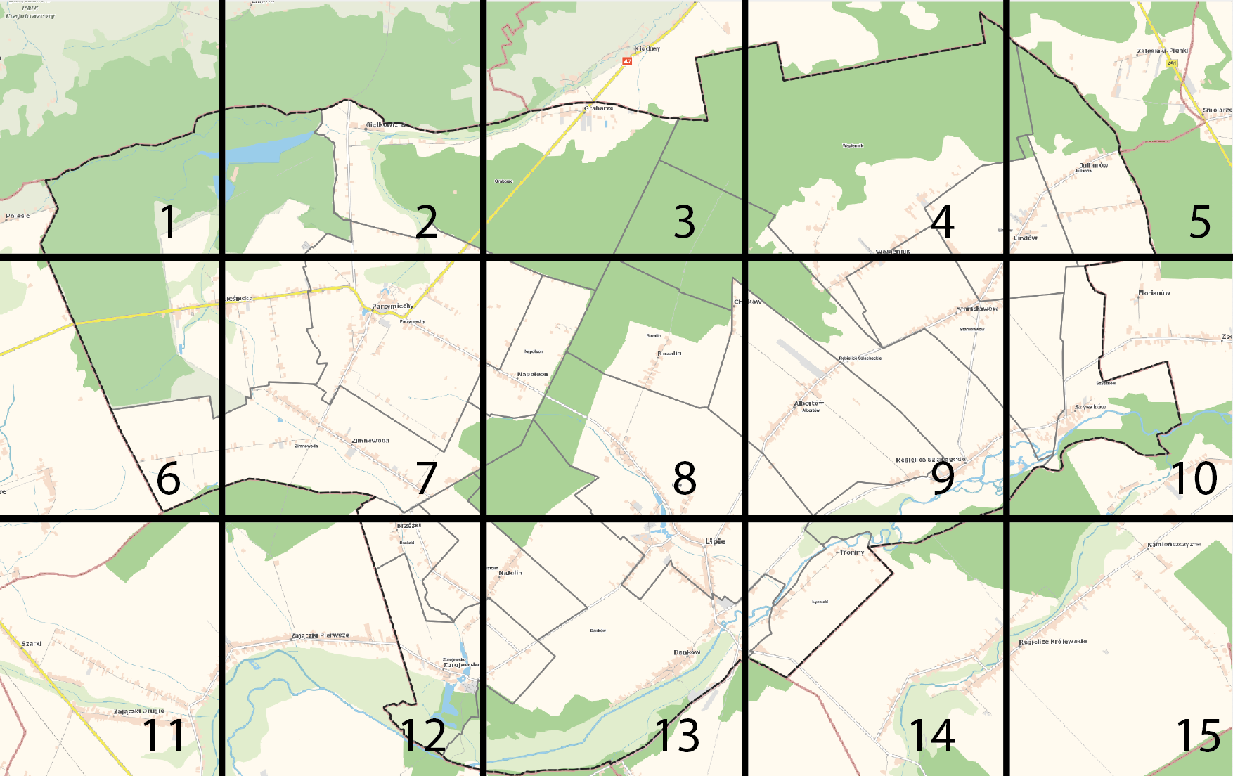 Mapa z podziałem na obszary przedstawiająca wnioski złożone do Planu Ogólnego Gminy.