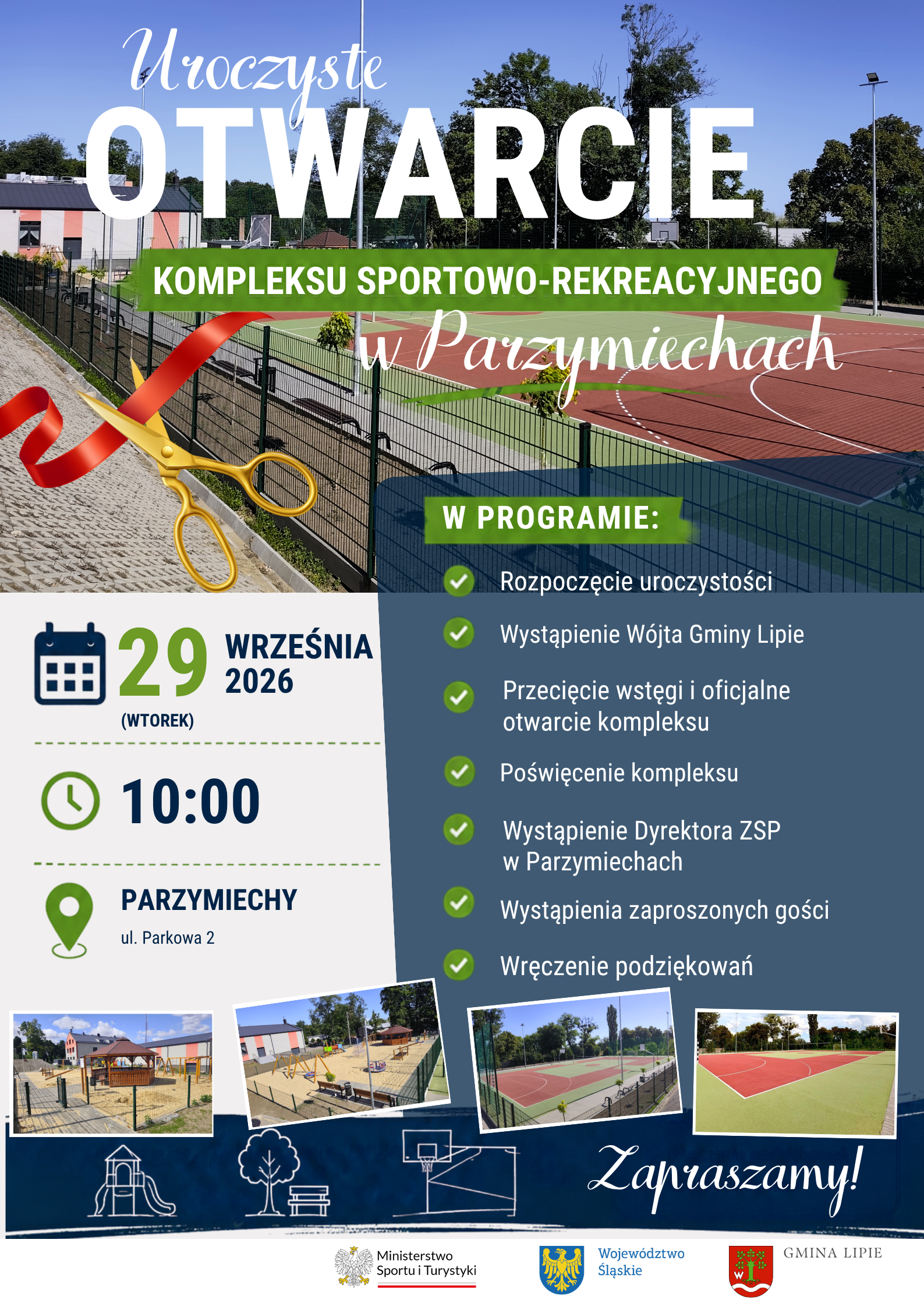 Plakat zapraszający na otwarcie Kompleksu Rekreacyjno-Sportowego w Parzymiechach, 29 września 2026 r. o godz. 10:00 przy ul. Parkowej 2