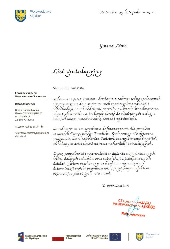 List gratulacyjny UMWŚ dla Gminy Lipie.
