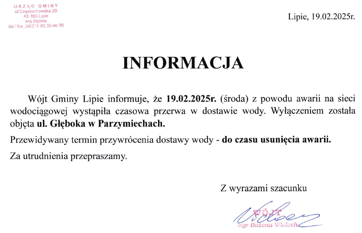 Informacja  o awarii
