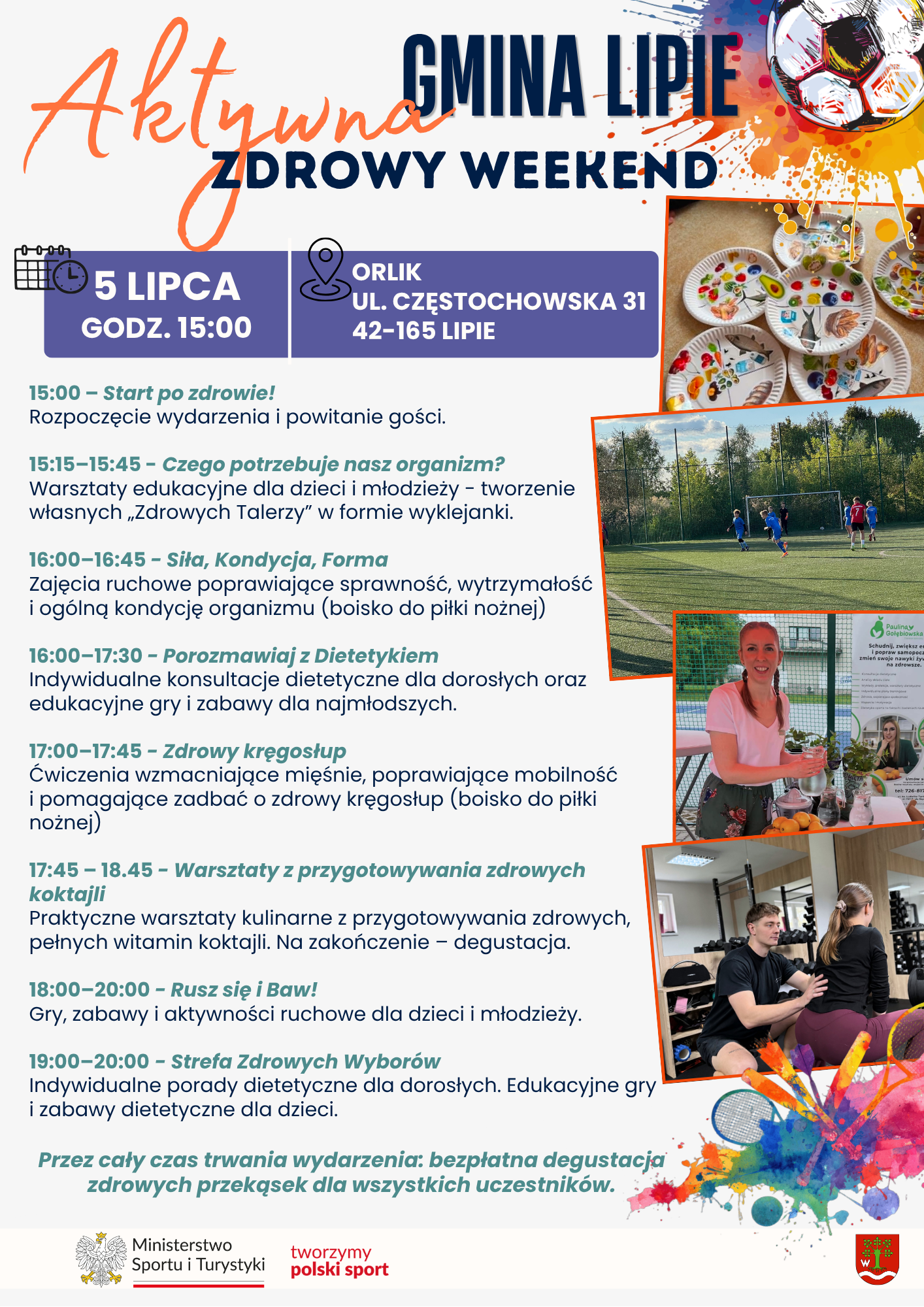 Plakat zapraszający na wydarzenie Aktywna Gmina Lipie - zdrowy weekend
