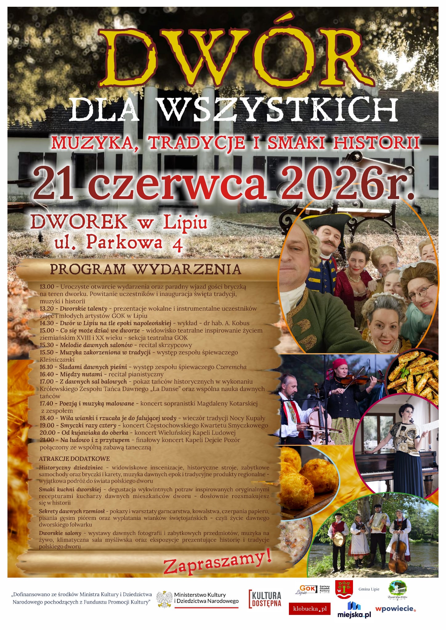 Plakat wydarzenia Dwór dla Wszystkich: muzyka, tradycje i smaki historii z opisanym programem oraz atrakcjami podczas wydarzenia
