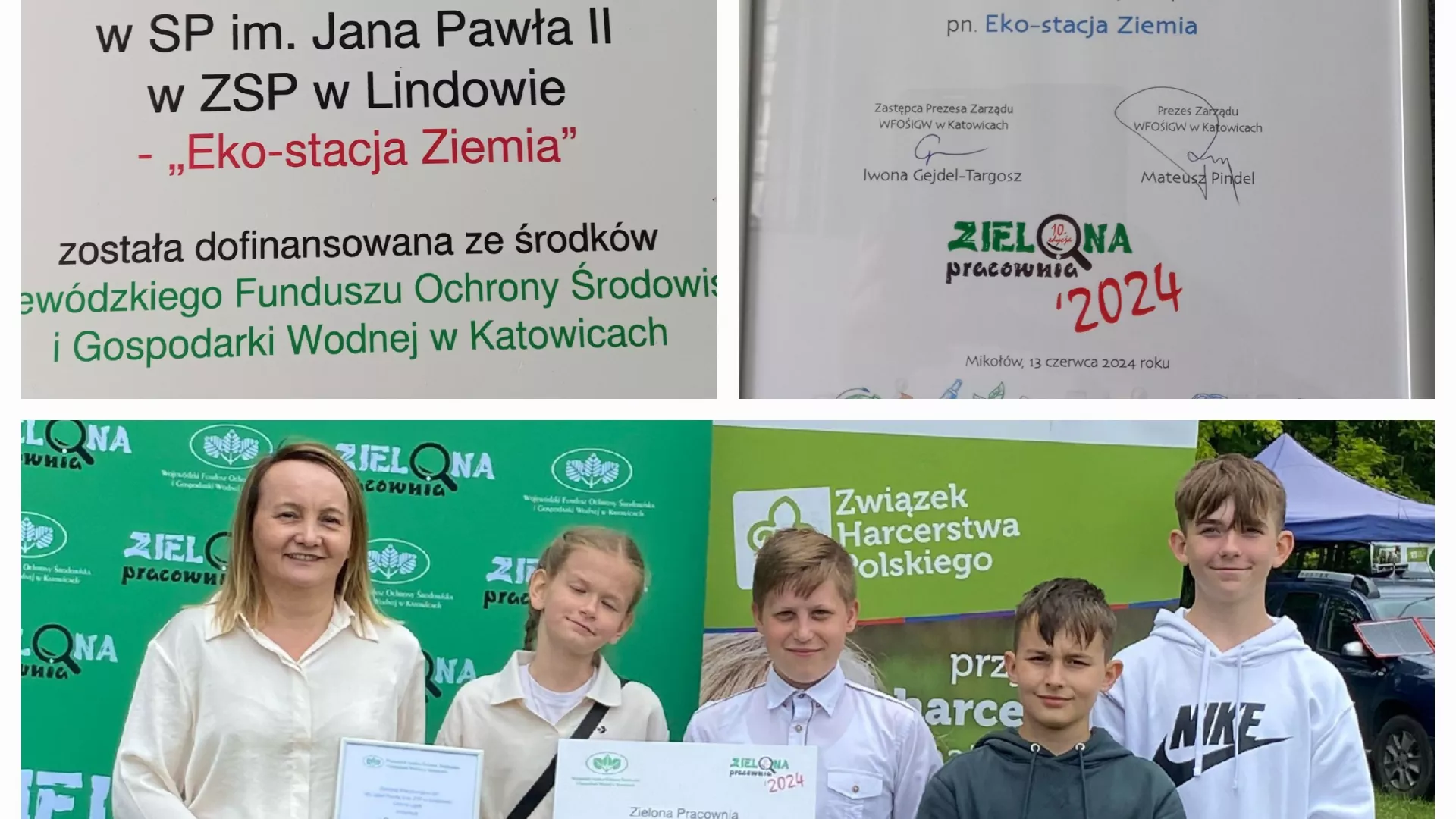 Kolaż przedstawiający wizerunki dokumentów informujących o przyznaniu dofinansowania oraz fotografię dyrektor szkoły i uczniów z tymi dokumentami na tle banerów reklamowych konkursu, z tymi dokumentami w ręku.