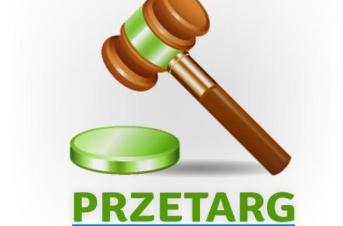 Drewniany młotek uderza w zieloną podstawkę z napisem PRZETARG. 