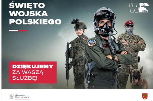 Plakat z pilotem i żołnierzami z okazji Święta Wojska Polskiego