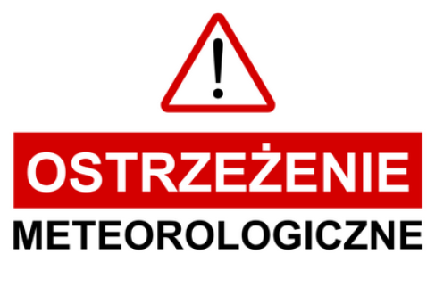 Napis ostrzeżenie meteorologiczne z czerwonym trójkątem z wykrzyknikiem