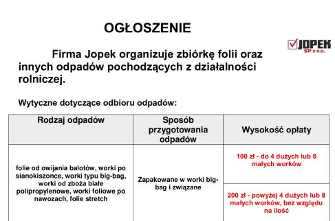 Ogłoszenie o zbiórce foli oraz innych odpadów pochodzących z działalności rolniczej