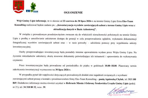 Ogłoszenie Wójta Gminy Lipie