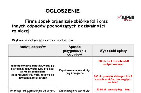 Ogłoszenie o zbiórce folii oraz innych odpadów pochodzących z działalności rolniczej