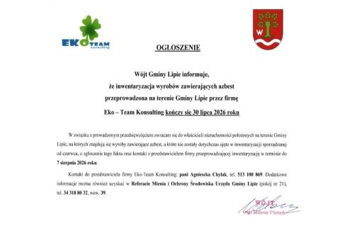Ogłoszenie Wójta Gminy Lipie o zakończeniu 30 lipca 2026 roku inwentaryzacji wyrobów zawierających azbest oraz o możliwości zgłoszenia niezinwentaryzowanych wyrobów do 7 sierpnia 2026 roku.