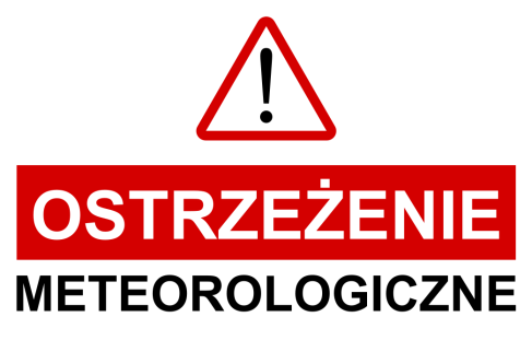 Napis Ostrzeżenie meteorologiczne z czerwonym trójkątem z wykrzyknikiem